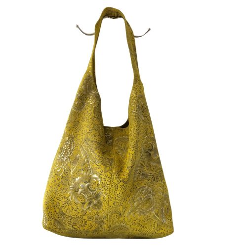 LEORA sárga virágmintás Olasz velúr bőr női shopper táska